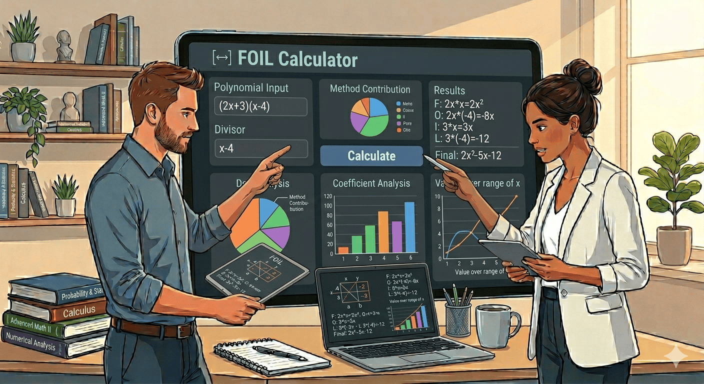 FOIL Calculator Flowchart showing binomial input, validation, FOIL multiplication process, and result display