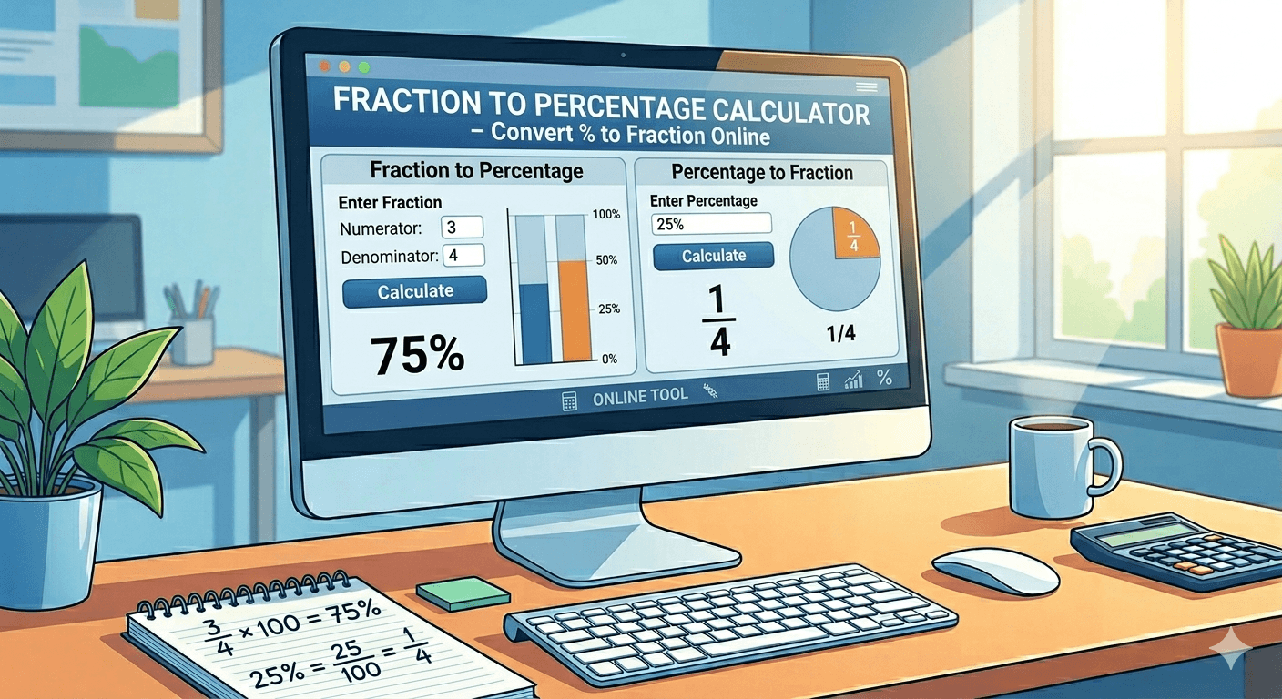 Fraction to Percentage Calculator Flowchart showing numerator input, denominator input, validation, calculation of percentage, and result display