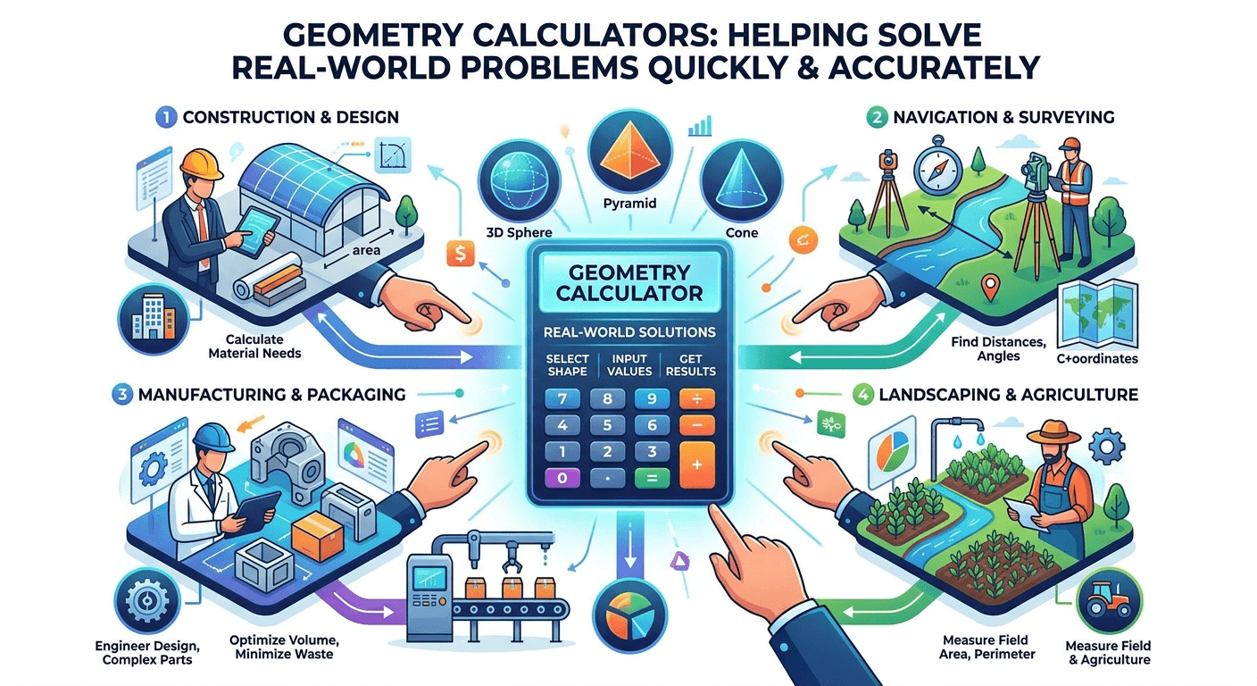 Geometry Calculators Flowchart showing input of shapes and dimensions, validation, calculation steps, and display of results