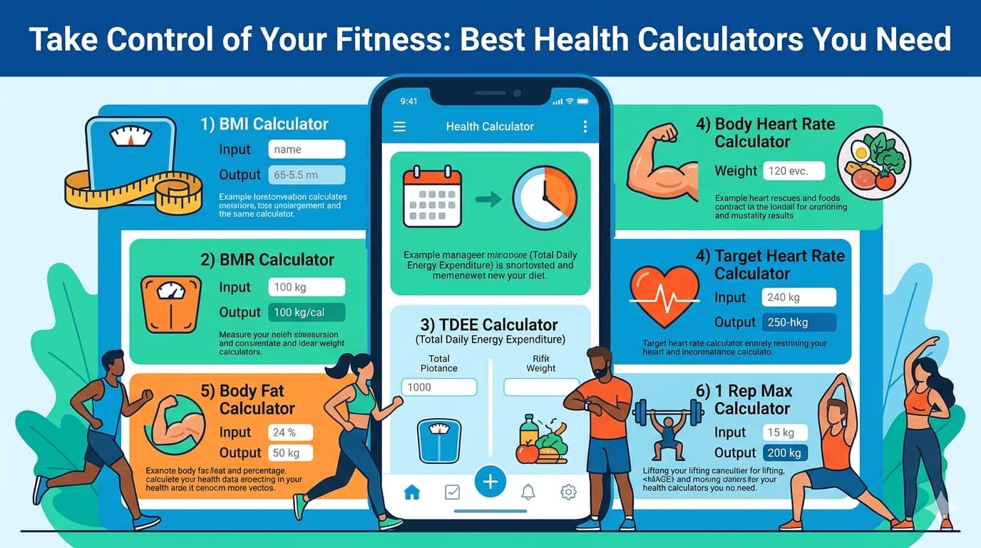 Health Calculators Flowchart showing input of personal metrics like weight, height, and age, selection of health calculators, validation, calculation process, and display of fitness results