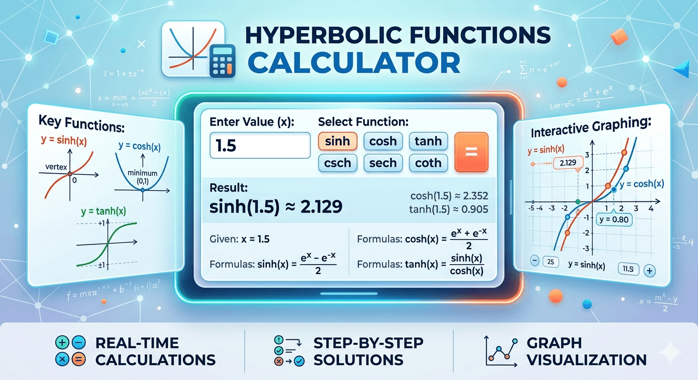 Hyperbolic Functions Calculator Flowchart showing input of variables, validation, calculation process, and result display