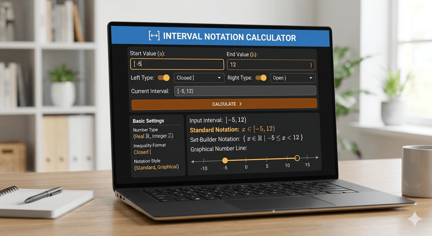Interval Notation Calculator Flowchart showing interval input, validation, conversion process, and result display