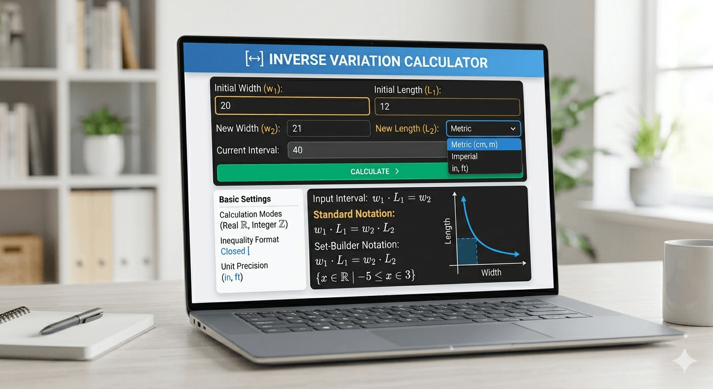 Inverse Variation Calculator Flowchart showing input of variables, validation, calculation process, and result display