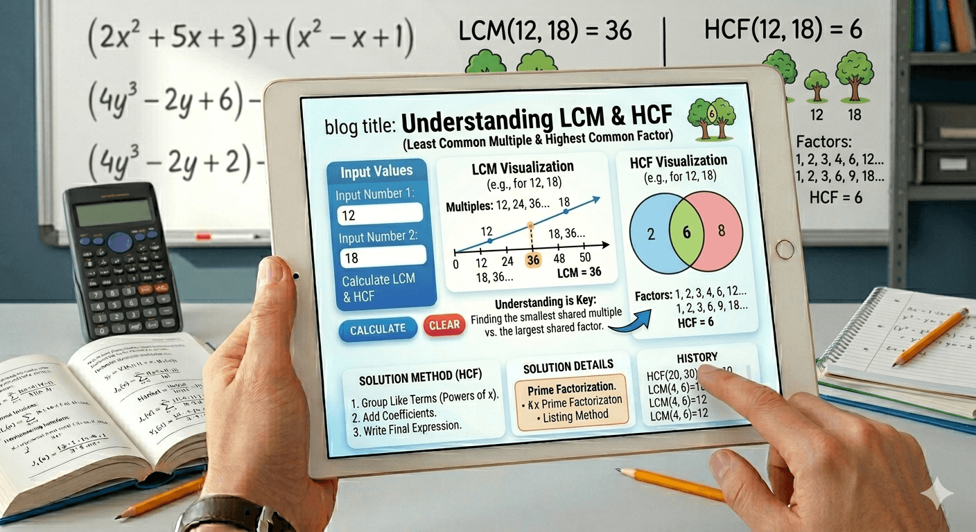 LCM and HCF Flowchart showing number input, validation, calculation process for least common multiple and highest common factor, and result display