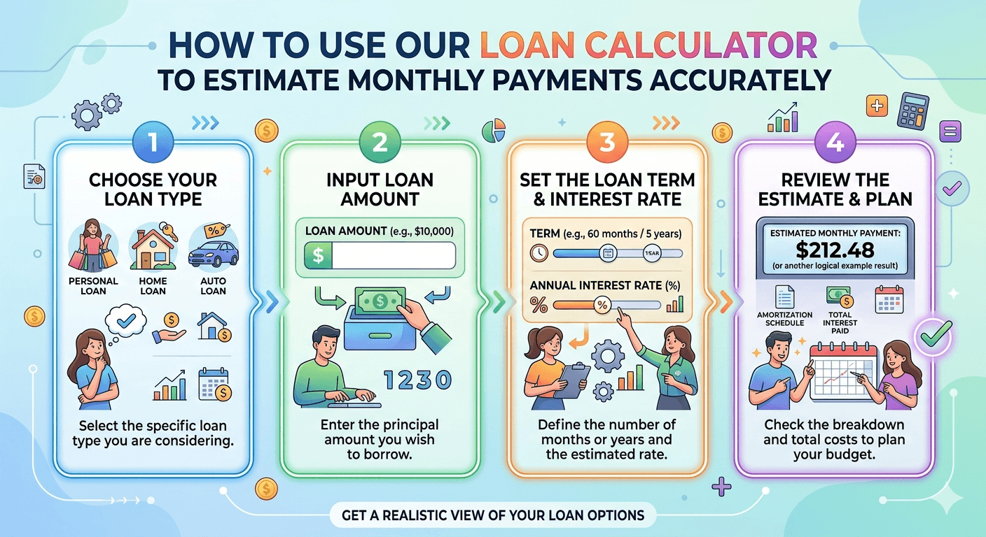 Loan Calculator Flowchart showing loan amount input, interest rate and term selection, validation, calculation process, and estimated monthly payment display