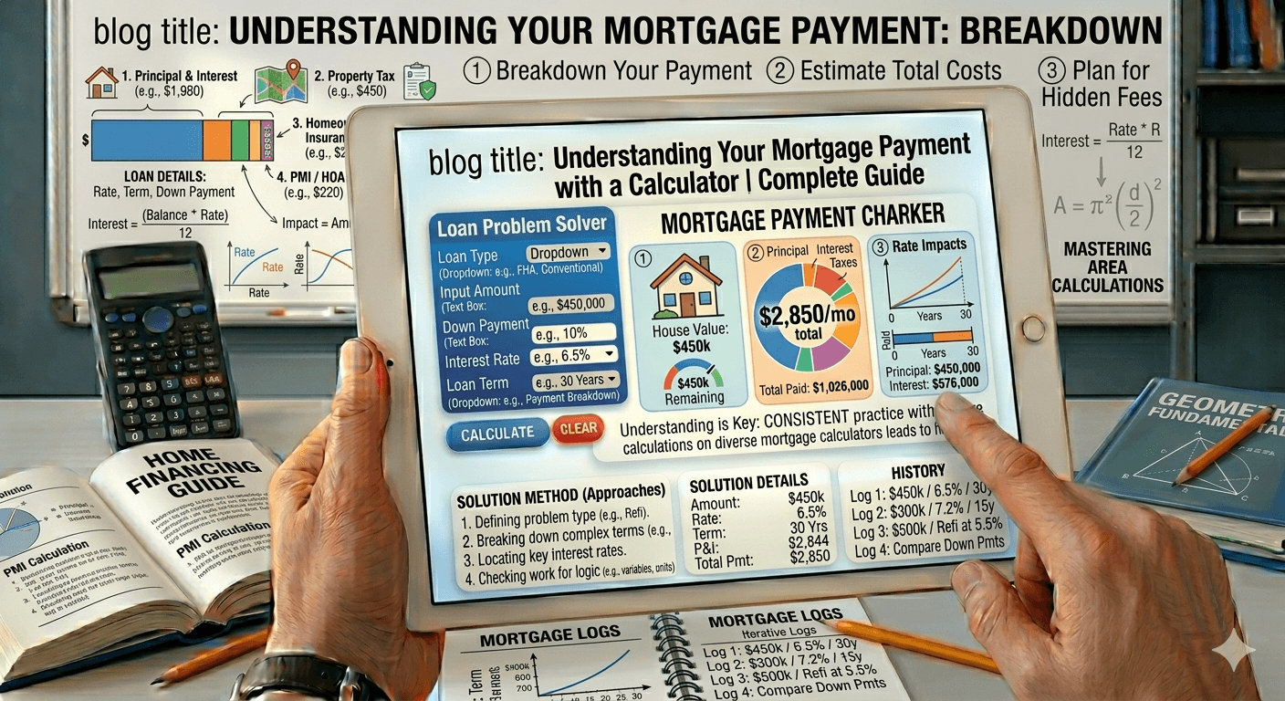 Mortgage Payment Calculator Flowchart showing loan amount, interest rate, term input, validation, calculation process, and monthly payment display