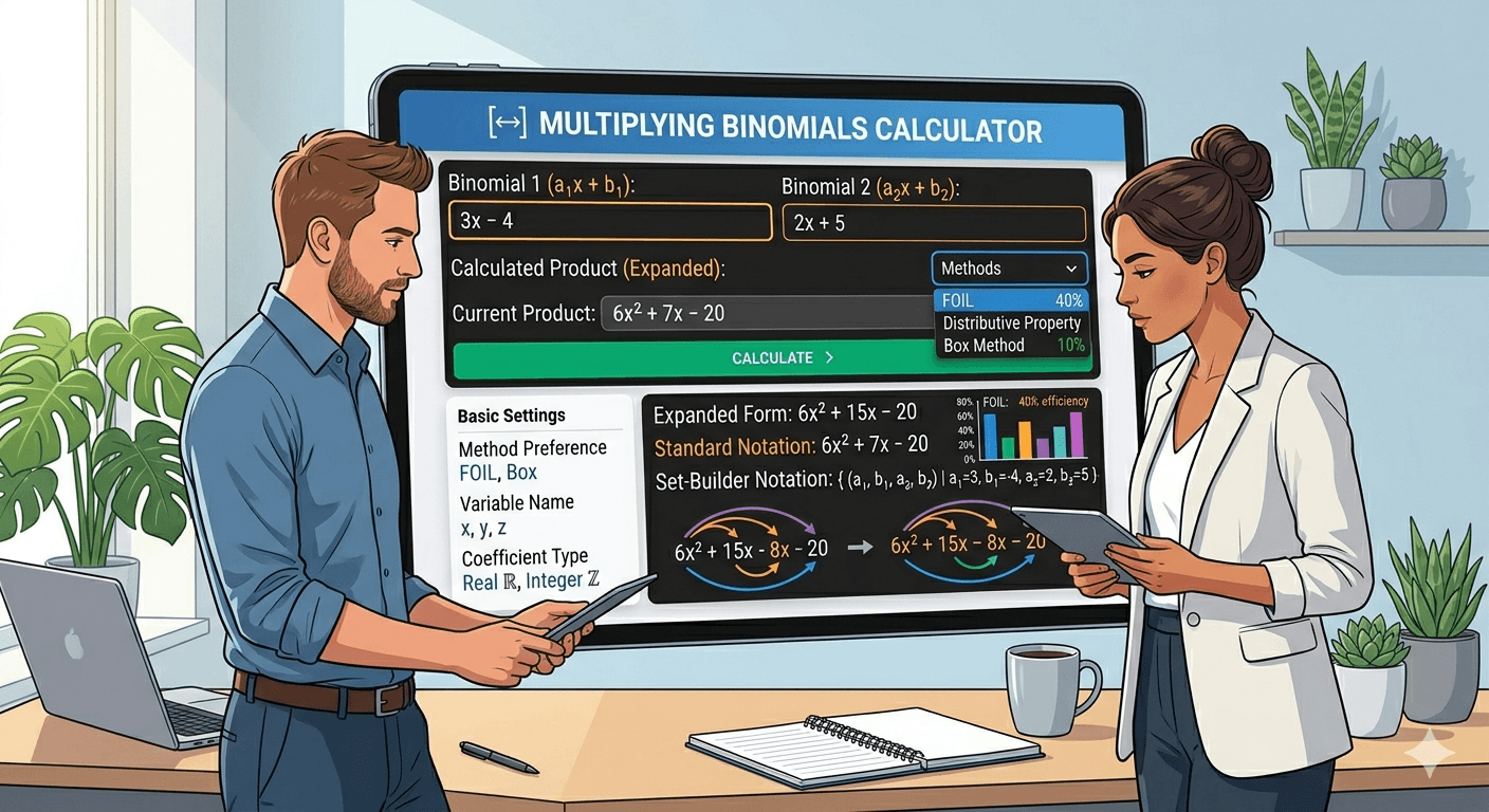 Multiplying Binomials Calculator Flowchart showing binomial input, validation, multiplication process, and result display