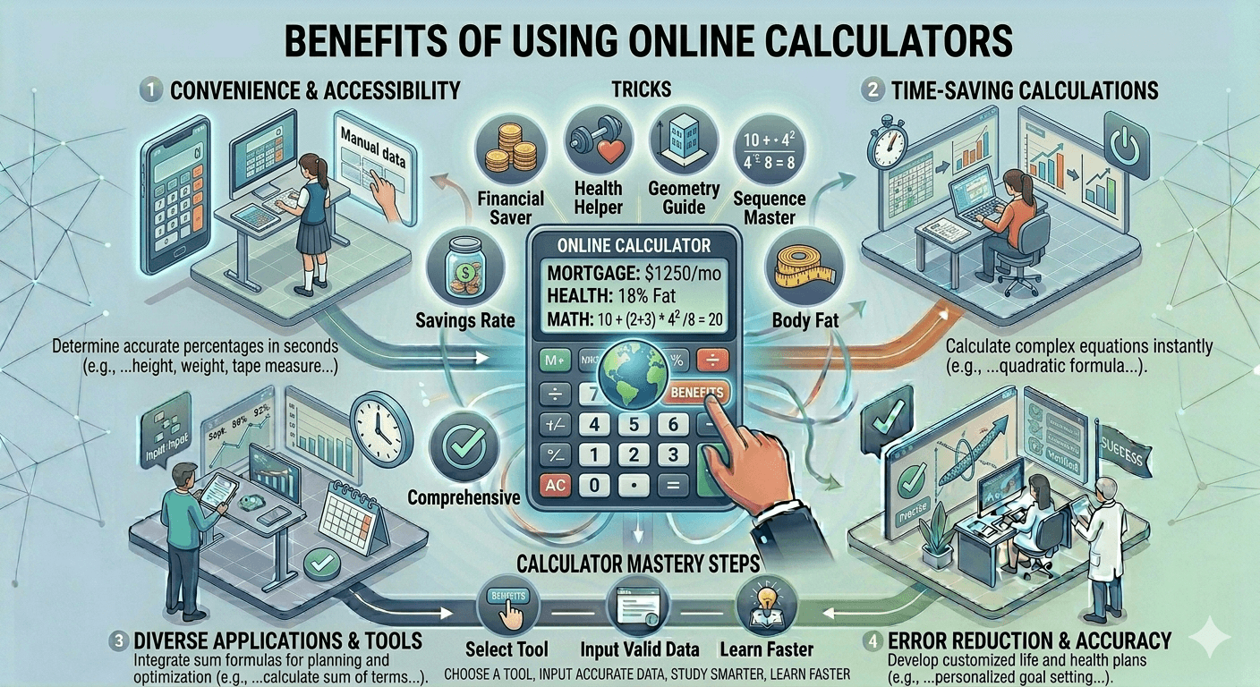 Online Calculators Benefits Flowchart showing types of calculators, ease of use, time savings, accuracy, and practical applications