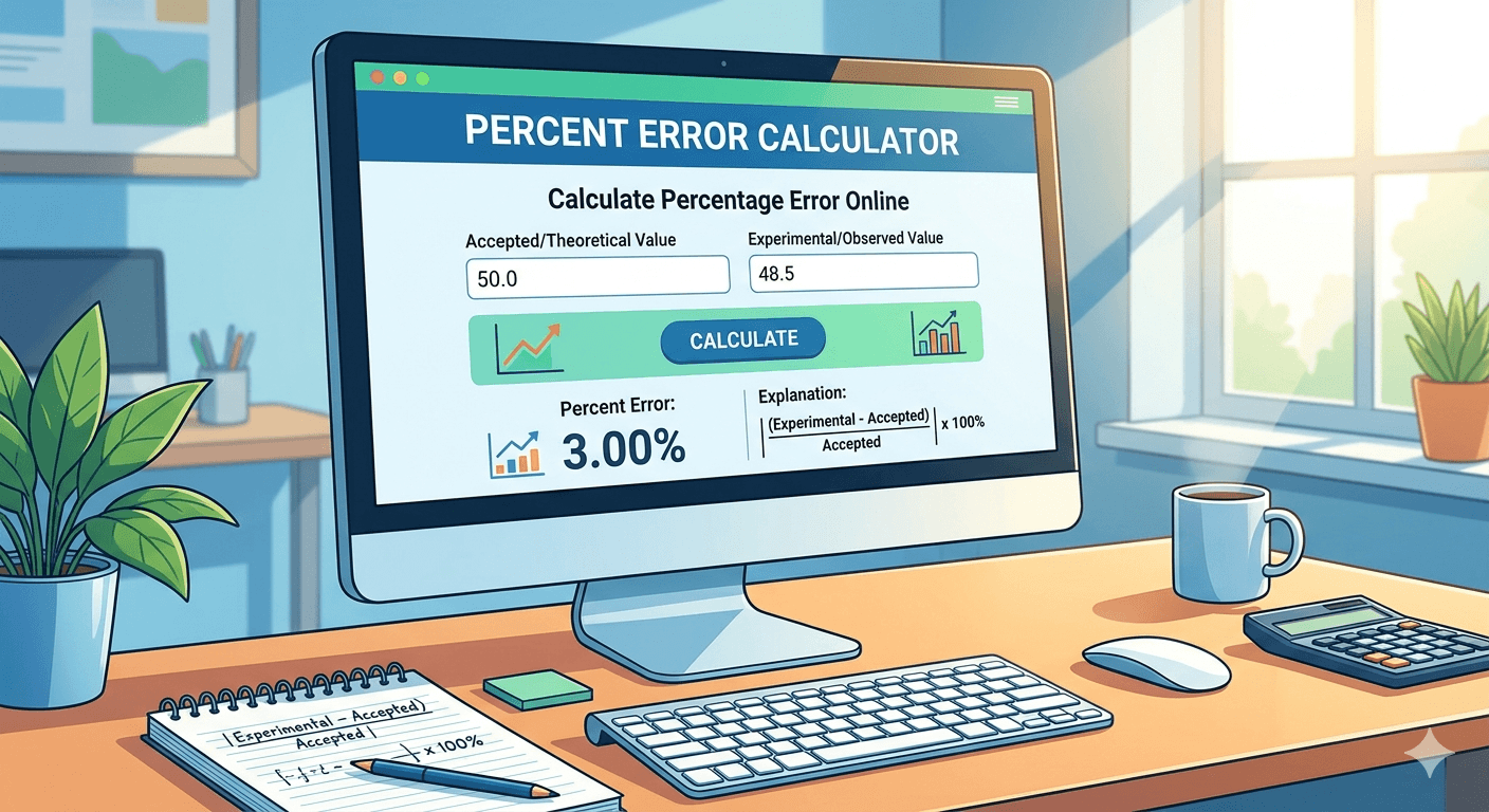 Percent Error Calculator Flowchart showing experimental value input, theoretical value input, validation, calculation of percent error, and result display