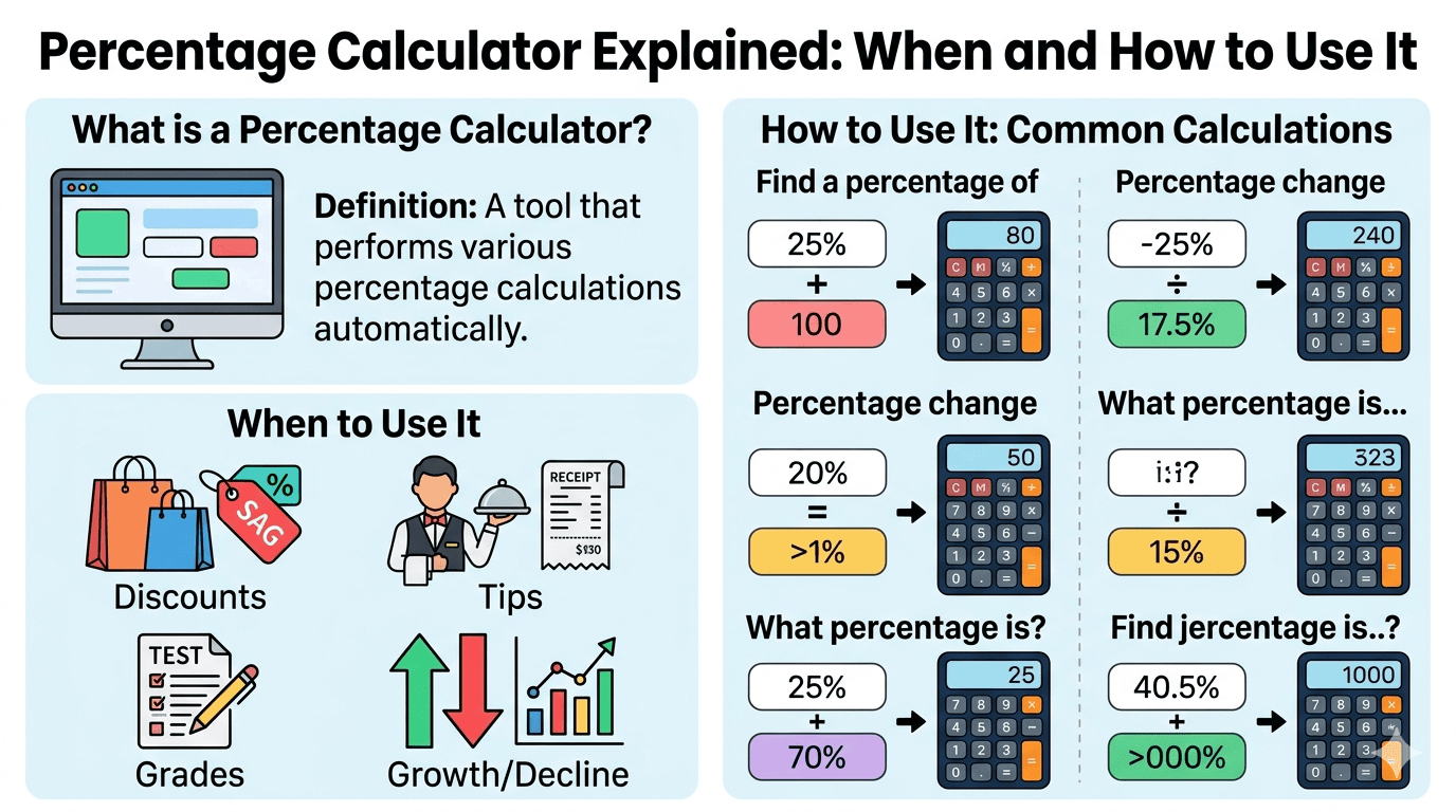 Percentage Calculator Flowchart showing input of base value and percentage, selection of calculation type (increase, decrease, or proportion), validation, computation process, and display of results