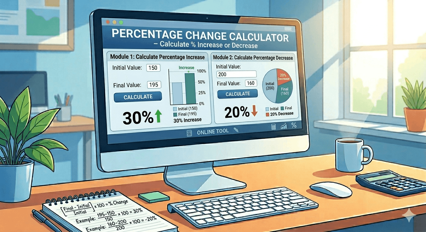 Percentage Change Calculator Flowchart showing original value input, new value input, validation, calculation of percentage change, and result display