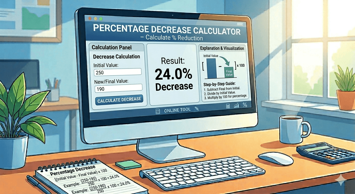 Percentage Decrease Calculator Flowchart showing original value input, decreased value input, validation, calculation of percentage decrease, and result display