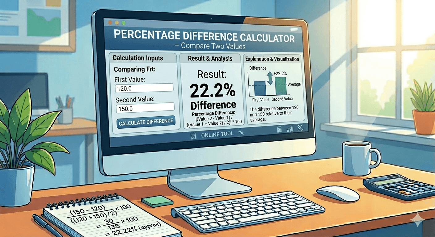 Percentage Difference Calculator Flowchart showing two value inputs, validation, calculation of percentage difference, and result display