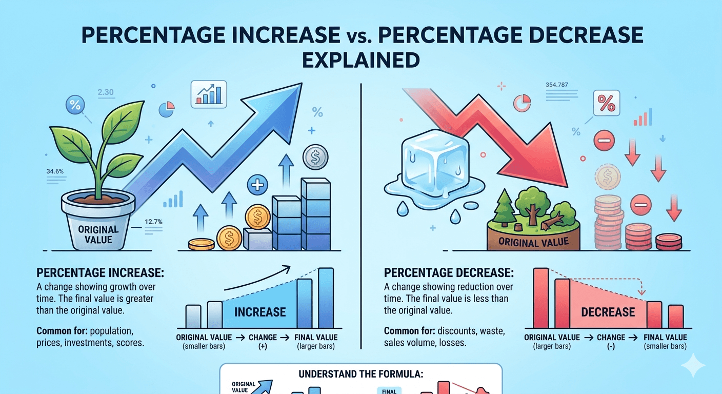 Percentage Increase vs Decrease Flowchart showing original value input, change input, validation, calculation process for increase or decrease, and result display