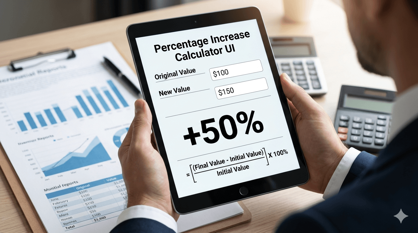 Percentage Increase Calculator Flowchart showing original value input, new value input, validation, calculation of percentage increase, and result display
