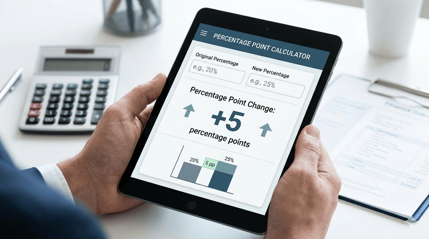 Percentage Point Calculator Flowchart showing previous value, new value, validation, calculation of percentage point change, and result display