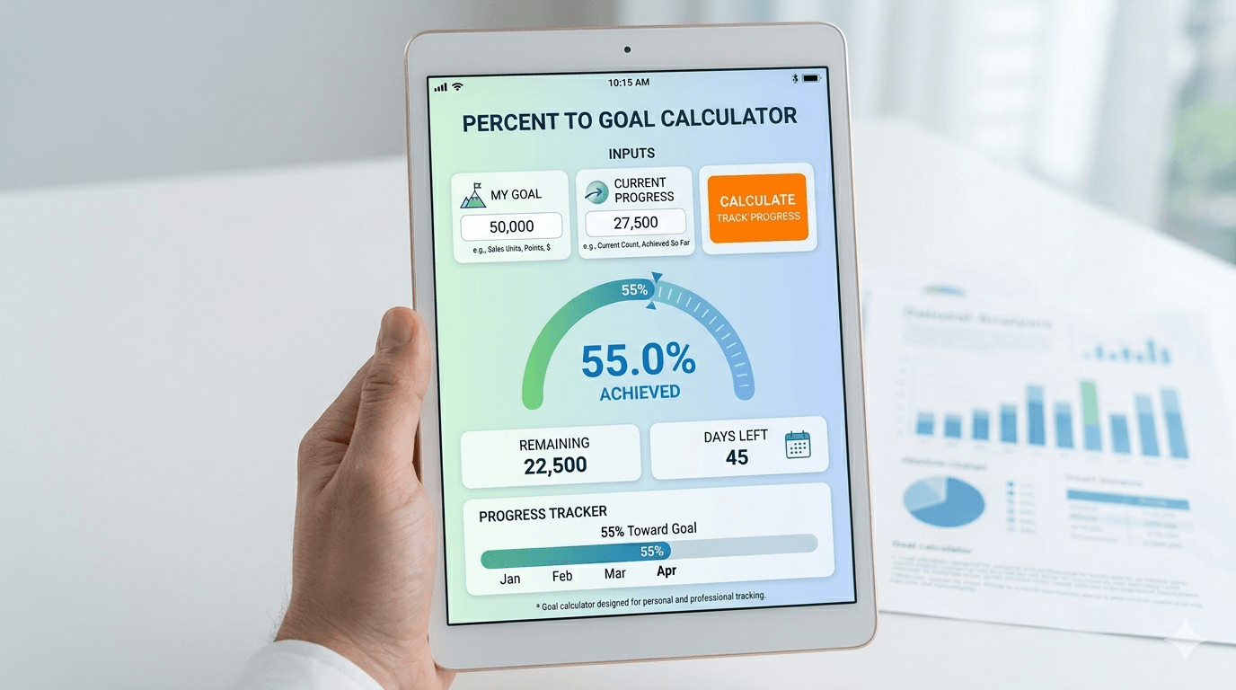 Percentage to Goal Calculator Flowchart showing progress input, goal input, validation, percentage calculation, and result display