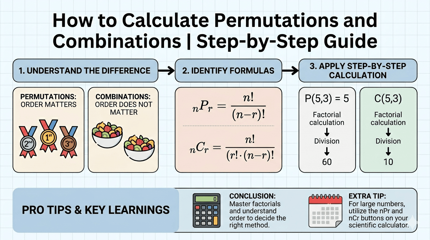 Permutations and Combinations Flowchart showing input of elements or set, selection of calculation type (permutation or combination), validation, step-by-step computation process, and display of results