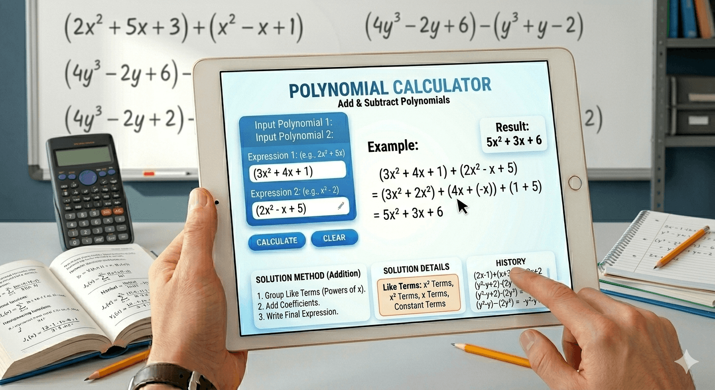 Polynomial Calculator Flowchart showing polynomial input, validation, addition and subtraction process, and result display