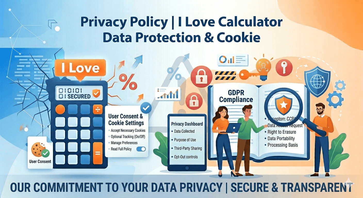 Privacy Policy diagram showing data protection, user privacy, cookie usage, information collection, data security measures, and transparency for I Love Calculator users