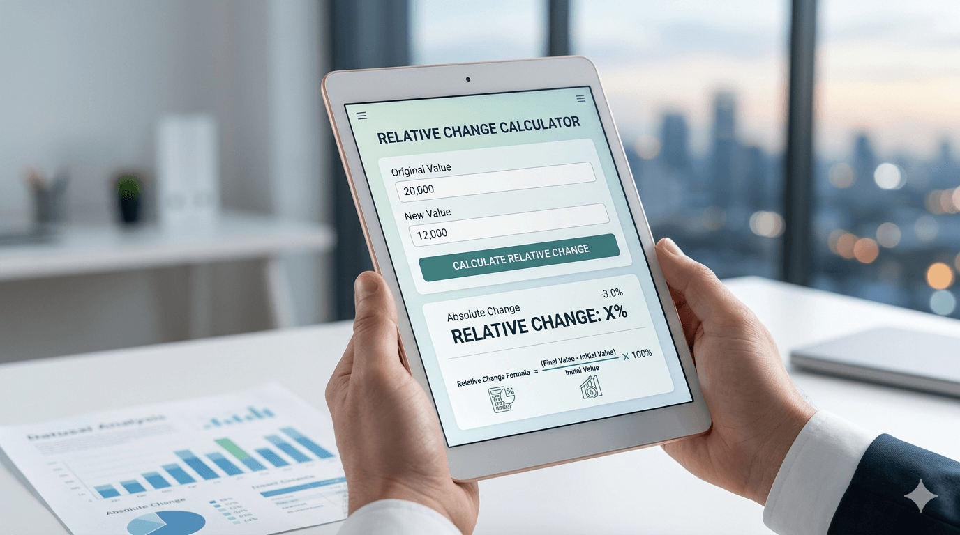 Relative Change Calculator Flowchart showing original value, new value, validation, percentage change calculation, and result steps