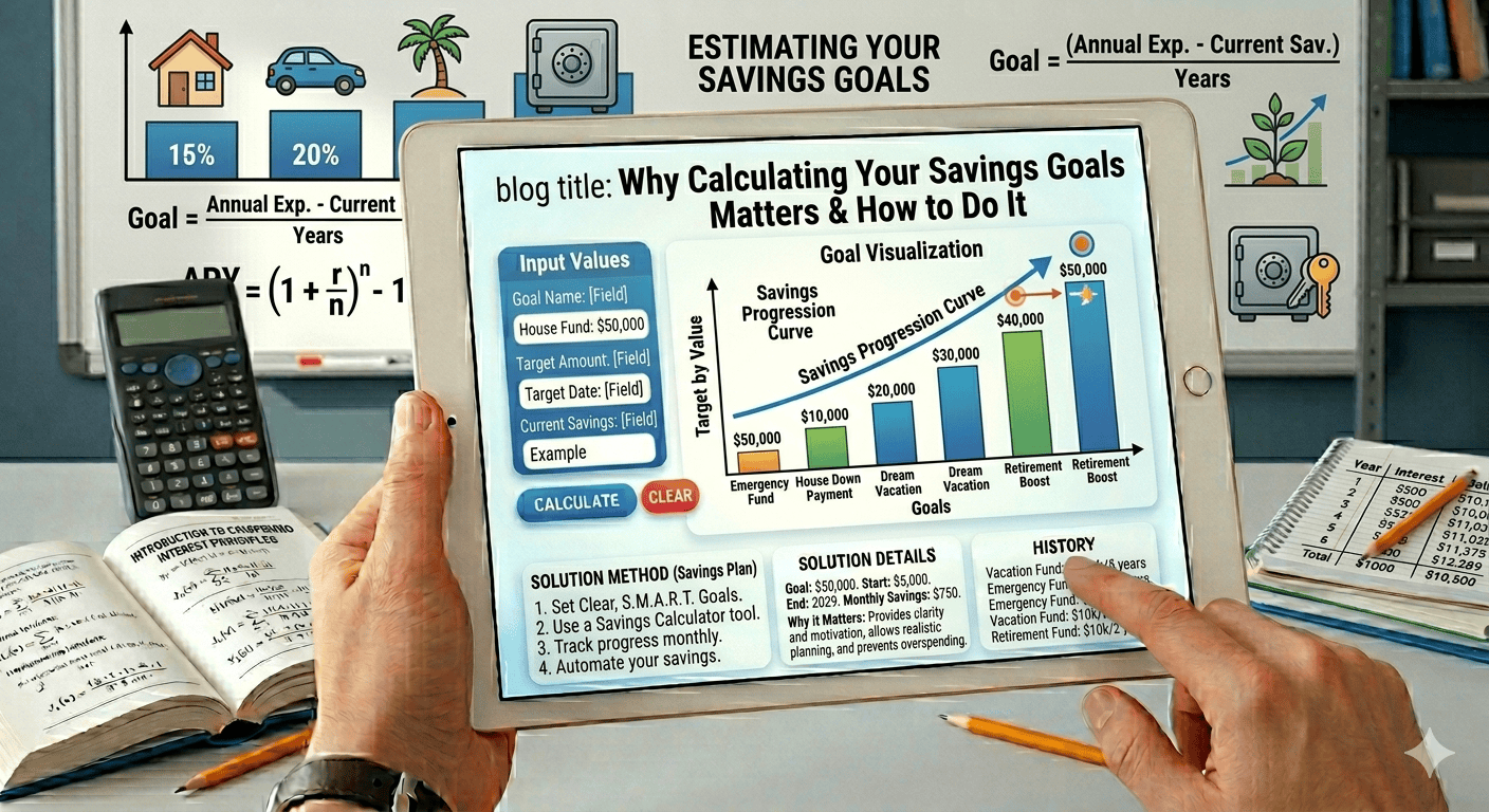 Savings Goals Flowchart showing goal input, income and expense tracking, validation, savings calculation process, and progress result display