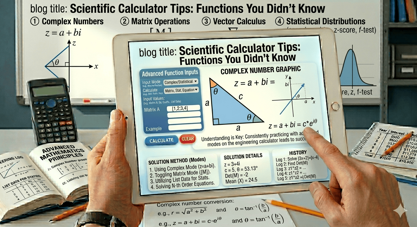 Scientific Calculator Tips Flowchart showing input of numbers, selection of functions, validation, calculation process, and result display
