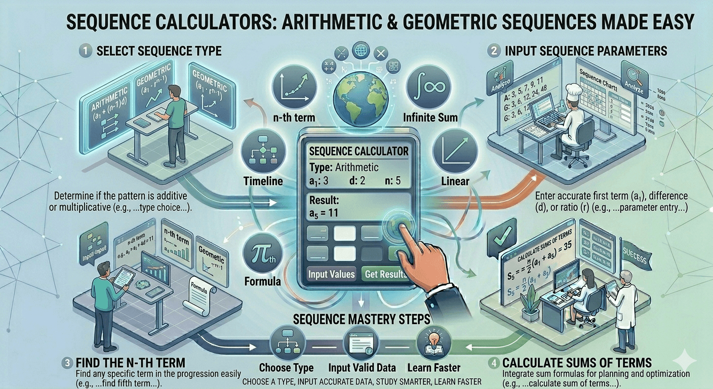Sequence Calculator Flowchart showing input of sequence type and values, calculation process for arithmetic and geometric sequences, and result display
