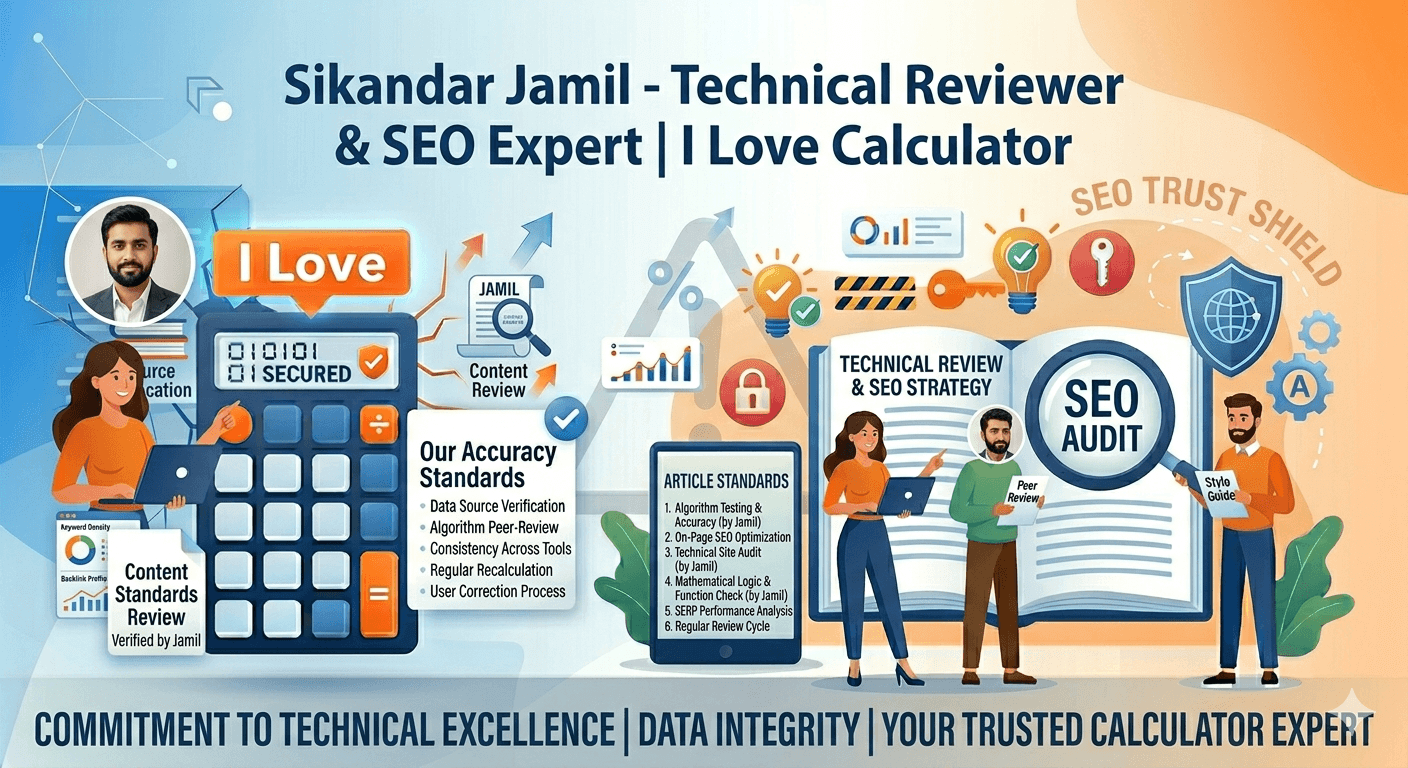 Sikandar Jamil Technical Reviewer and SEO Expert profile illustration showing content review, SEO optimization, technical analysis, and quality assurance for I Love Calculator