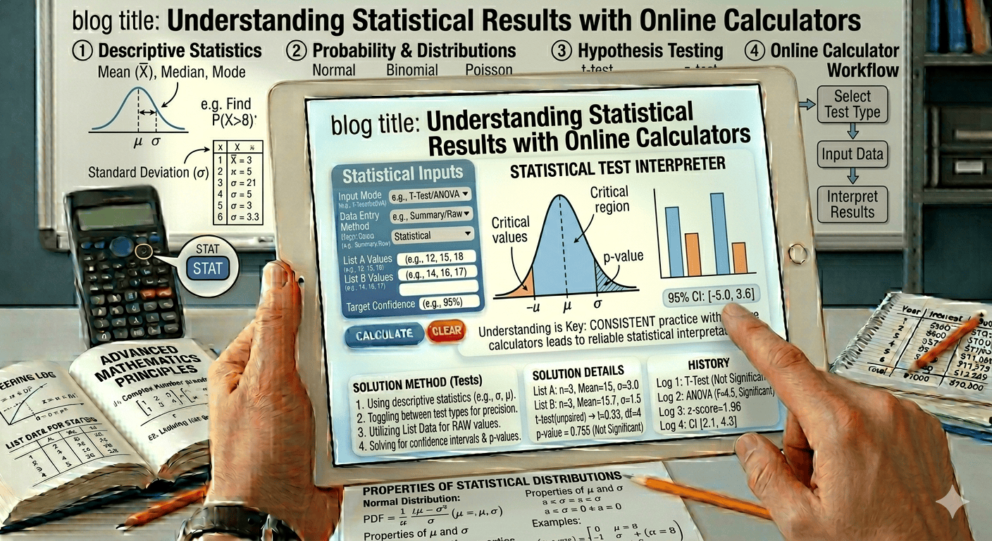 Statistical Calculators Flowchart showing data input, validation, selection of statistical method, calculation process, and result display