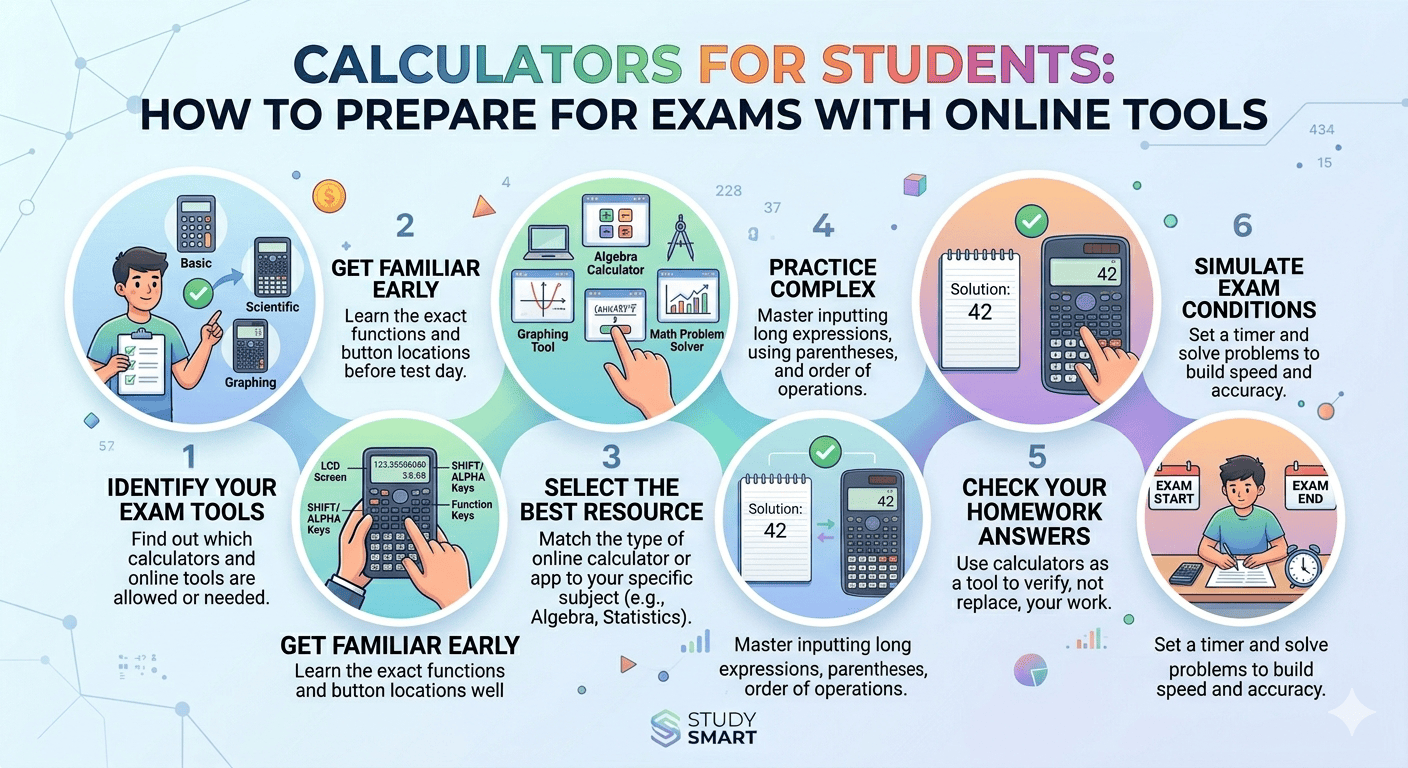 Student Exam Calculator Flowchart showing input of study topics, selection of online calculator tools, validation, calculation of practice questions, and display of results and progress