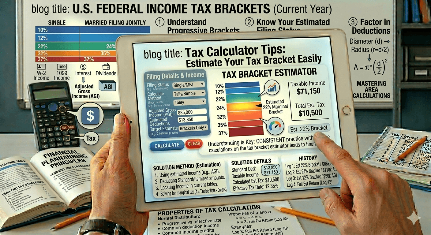 Tax Calculator Flowchart showing income input, deduction selection, validation, tax calculation process, and estimated tax bracket display
