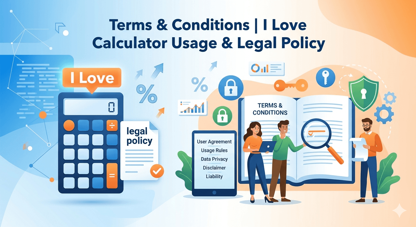 Terms and Conditions diagram showing user agreement, usage policies, legal responsibilities, data handling, limitations of liability, and acceptance of terms for I Love Calculator