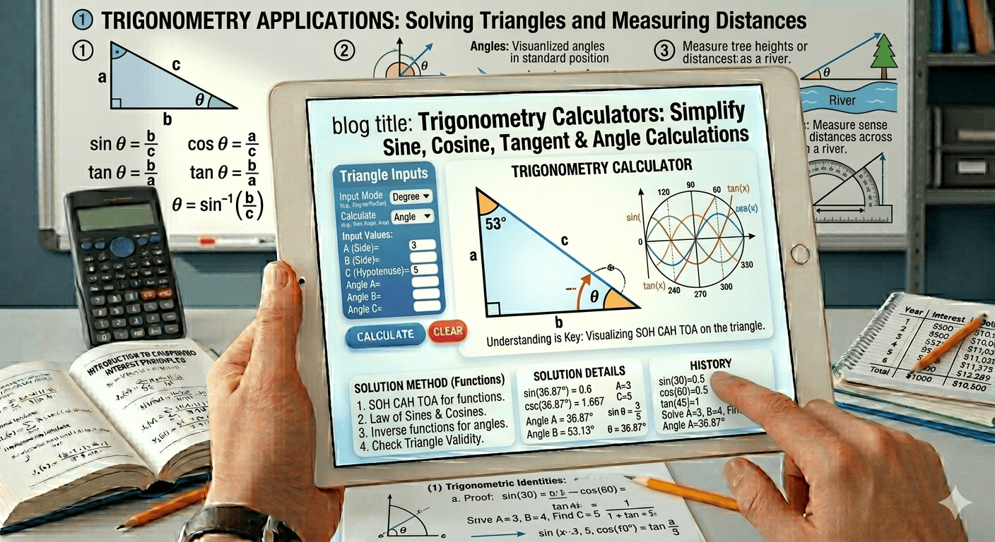 Trigonometry Calculators Flowchart showing angle or value input, function selection (sine, cosine, tangent), validation, calculation process, and result display