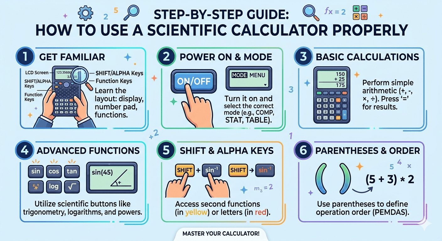 Scientific Calculator Usage Flowchart showing input of numbers, selection of functions, validation, calculation process, and result display